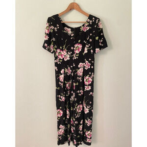 Vintage Jeffrey & Dara Women Jumpsuit Size 7/8 Black Floral Wide Leg Cottagecore